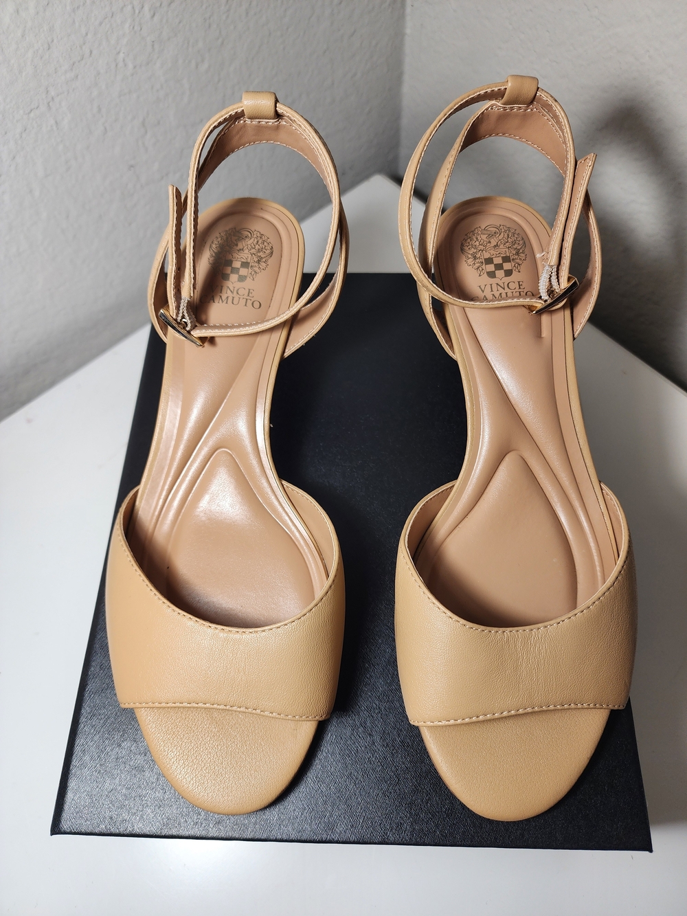 Vince Camuto Beige Leather Open-Toe Ankle-Strap Sandals